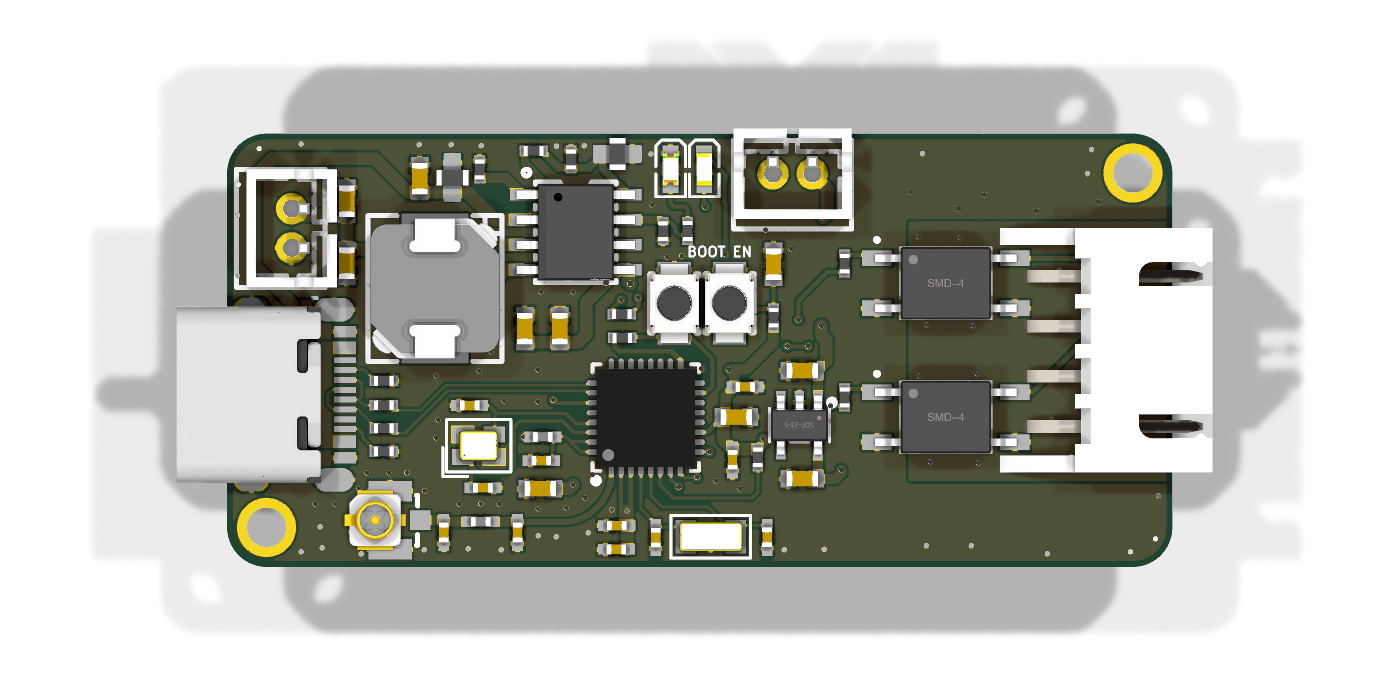 Rendered top view of the openrz67 trigger PCB, rev 2, with ESP32-C3, two PhotoMOS relays and a U.FL antenna connector